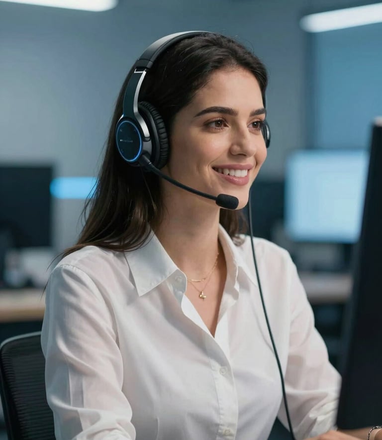 Uma profissional brasileira sorridente usando um headset moderno em um escritório de design limpo. Ela está focada e transmite confiança. O fundo é levemente desfocado com tons de azul claro e branco, enfatizando um atendimento humanizado e profissional.