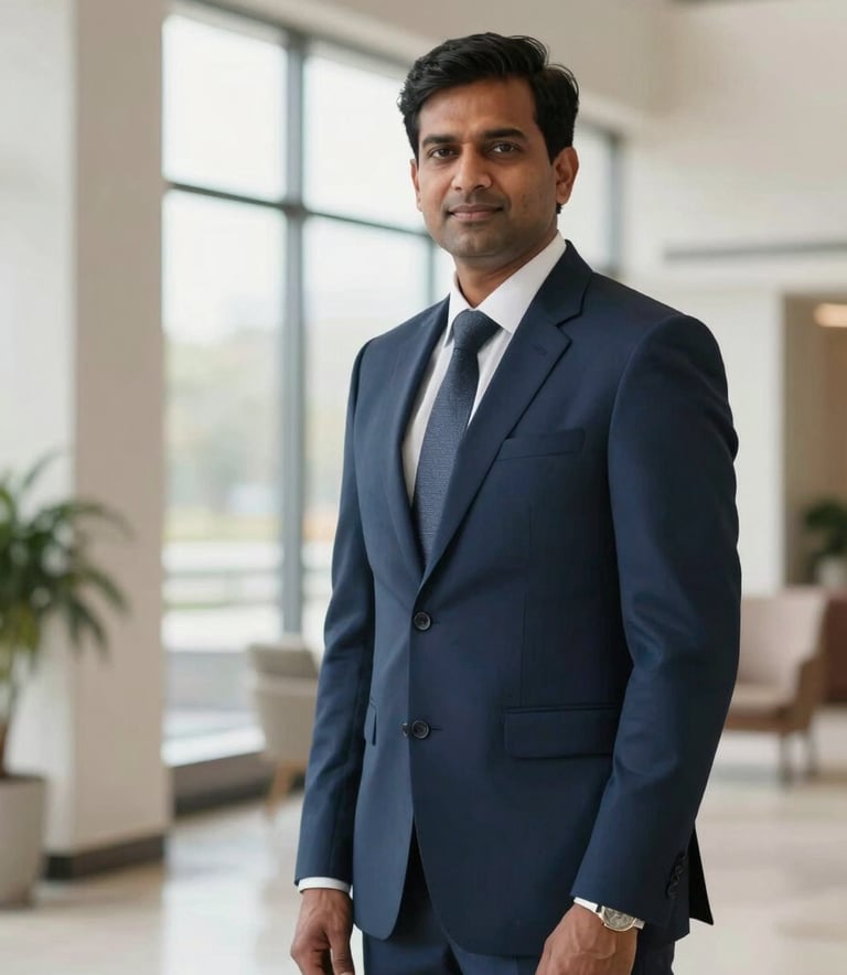 A professional portrait of an Indian corporate executive in a deep navy blue suit, standing in a brightly lit, soft off-white lobby with large windows. The mood is confident and authoritative.