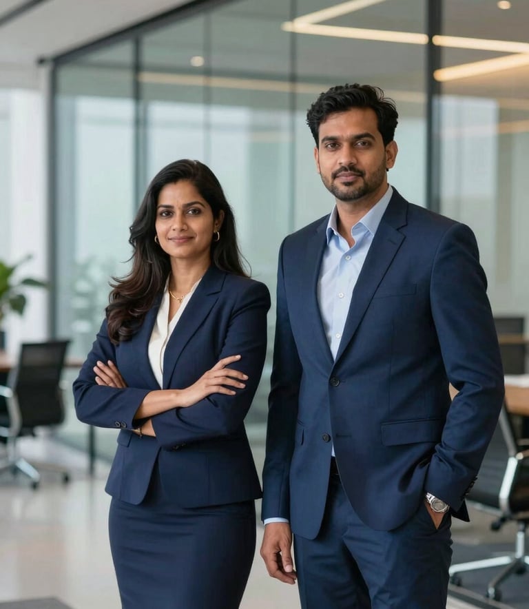 A portrait of two professional executives, a man and a woman, standing confidently in a modern glass-walled office in Mumbai. They are wearing sharp, deep navy blue corporate attire. The background is slightly blurred, showing a high-end corporate environment with steel blue and muted gold accents.