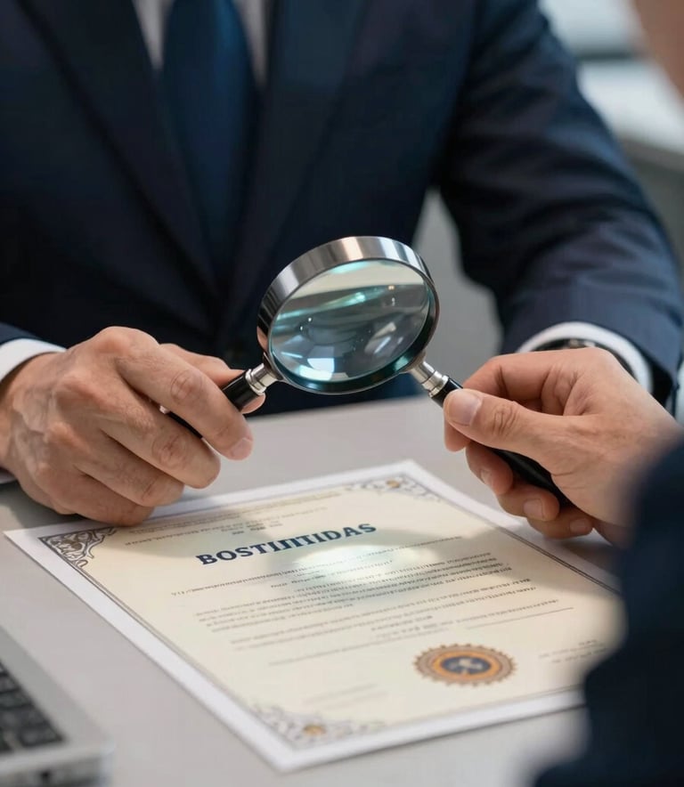 A close-up photograph of a professional investigator's hands in a modern office, using a magnifying glass to inspect a printed educational certificate. The lighting is focused and precise, with a color palette of steel blue and soft off-white.