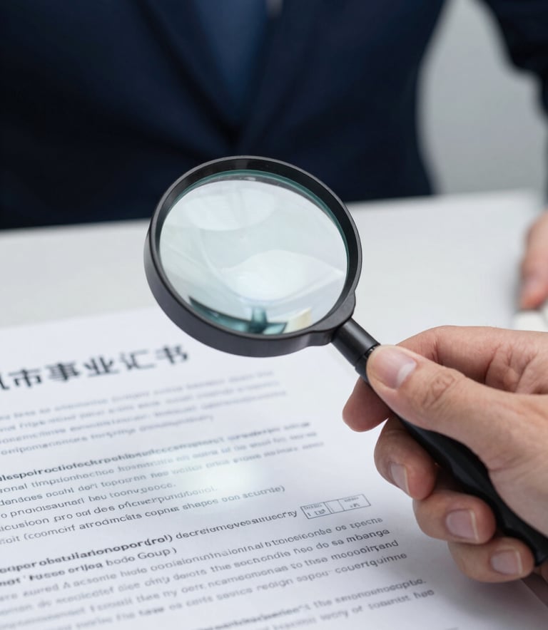 A close-up, high-detail photograph of a professional investigator's hand using a magnifying glass to examine the security features on a corporate document. The lighting is clean and sterile, reflecting a laboratory setting. The color palette includes deep navy blue and steel blue tones in the shadows, with bright white paper.