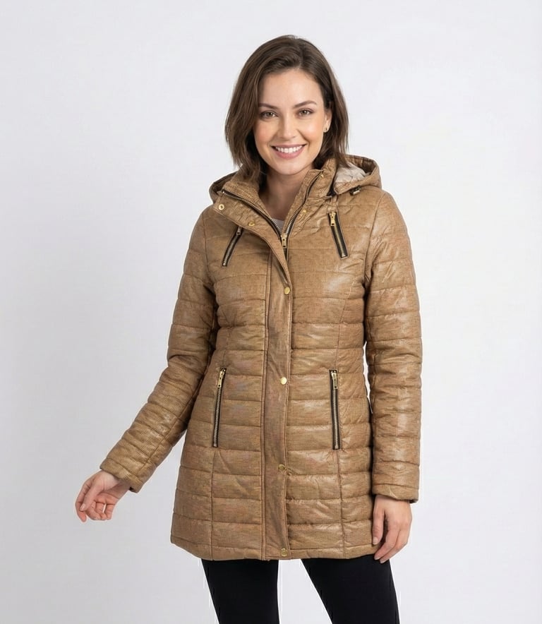 Smiling woman wearing a brown quilted puffer jacket with hood and gold zipper details.