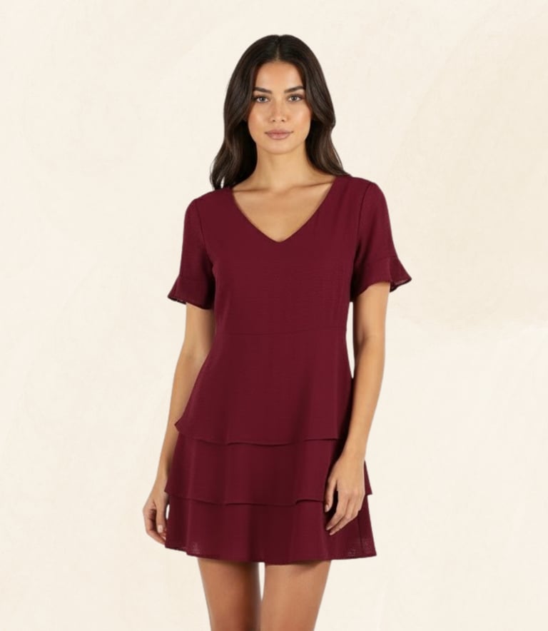 Woman wearing a burgundy short sleeve tiered mini dress with a v-neckline.