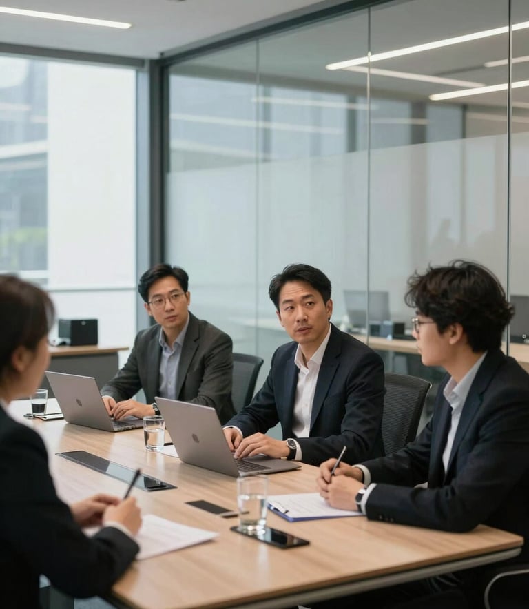 A focused professional collaborative session in a high-tech North American boardroom with sleek glass walls and minimalist furniture, daytime natural light, professional atmosphere.