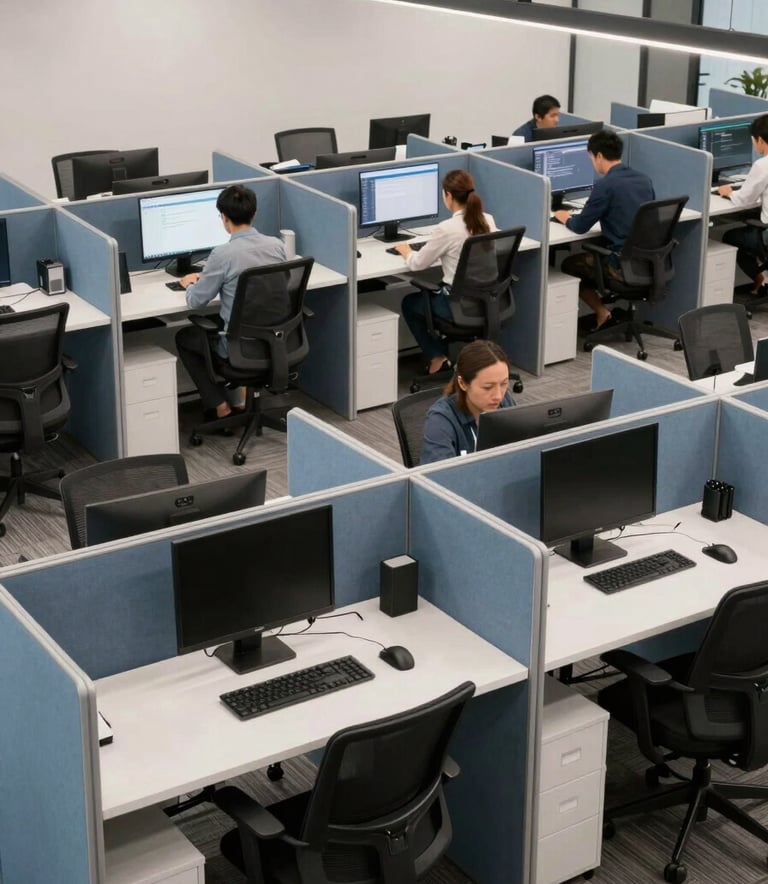 A modern, open-concept North American workspace with ergonomic stations and slate blue dividers. The lighting is bright and efficient, creating a sense of professional energy and modern workflow management. A high-angle shot showcasing structured efficiency.