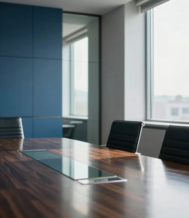 A focused, professional view of a modern North American corporate board room with a large glass table. Soft morning sunlight streams through large windows, reflecting off the dark blue and slate blue architectural accents. The composition is clean and architectural, highlighting professional reliability.