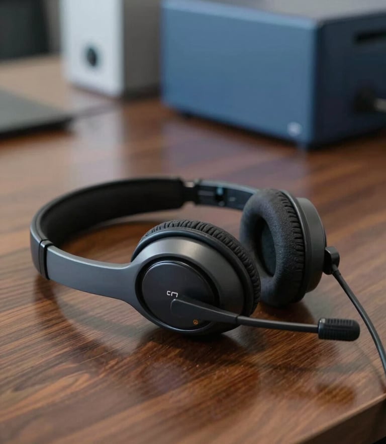 A close-up shot of a high-end, professional headset resting on a polished dark wood desk in a modern North American office, with soft focus on steel blue office equipment in the background.