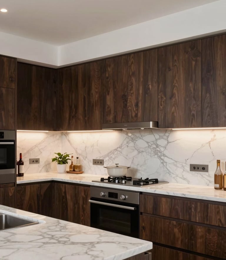 A contemporary renovated kitchen in France featuring deep brown cabinetry, marble countertops, and warm integrated lighting, high-quality finishes.