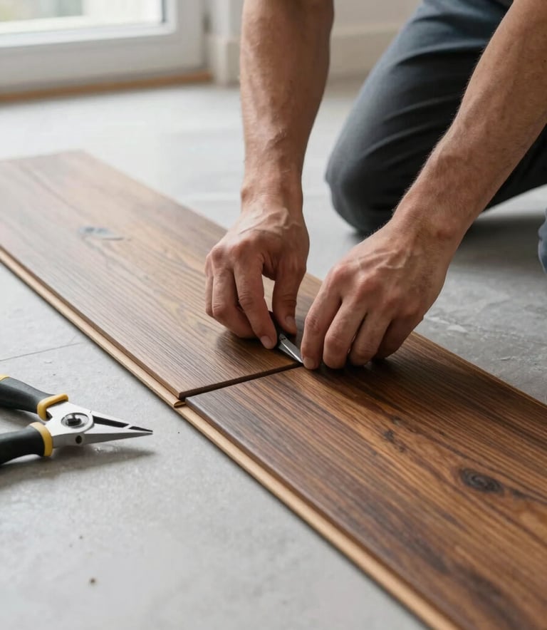 A close-up photograph of a professional worker's hands carefully installing noble dark oak wood flooring in a bright French apartment. The composition focuses on the precision of the fit, with high-end tools nearby on a clean mineral grey surface. Soft, natural daylight illuminates the scene, creating a high-end, professional atmosphere.