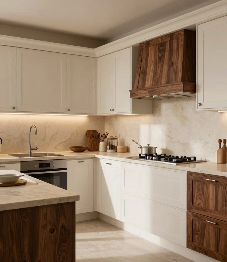 A wide-angle professional photograph of a stunningly renovated European kitchen. The space features off-white cabinetry, deep brown wooden accents, and natural beige stone countertops. The lighting is warm and inviting, highlighting a clean, modern design with high-end finishes and an open-plan layout.