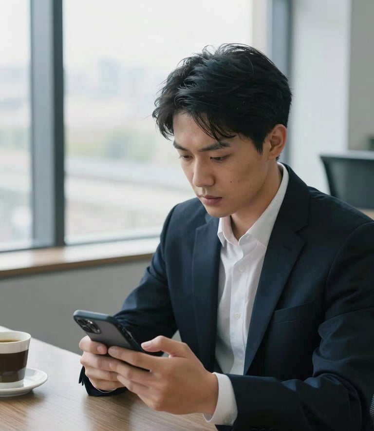 A high-angle photograph of a young professional in a sleek, modern North American office, focusing on a smartphone screen during a quick coffee break. The environment features bright window light and steel blue architectural accents.