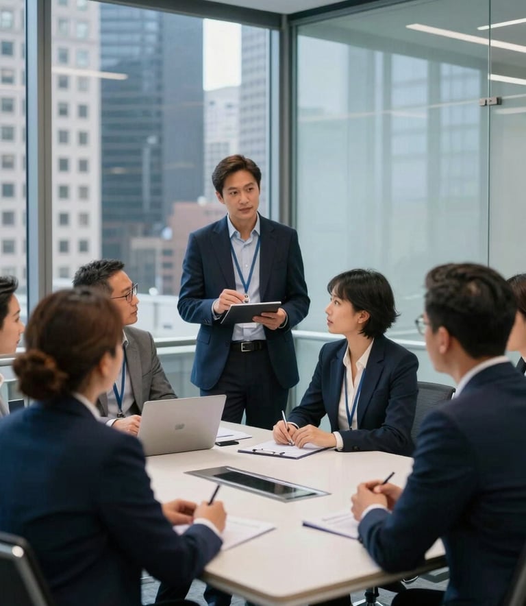 A group of professionals in business casual attire engaging in a collaborative session inside a glass-walled conference room in a major North American city. The style is sharp and dynamic, with navy and bright blue tones.