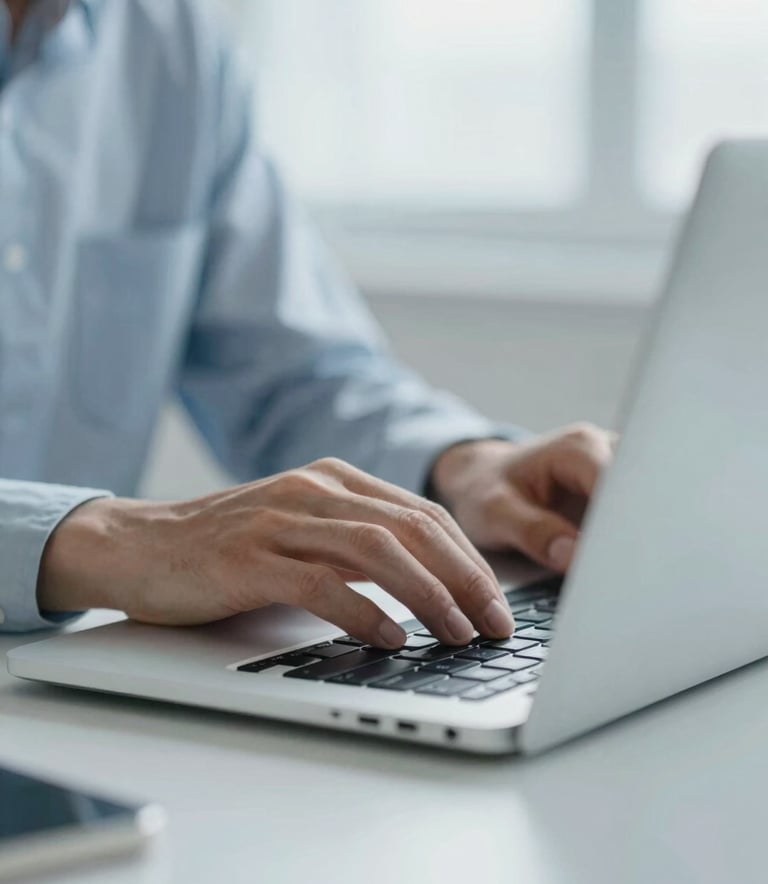 A close-up, sharp image of a professional using a laptop in a modern environment. The focus is on the precision and digital nature of the work. The environment is airy and professional, using a cool color palette centered around #A7BBCB and #F6F8FA.