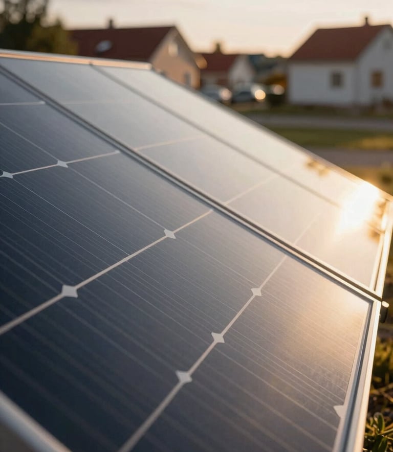 A sharp, detailed photography close-up of a high-efficiency solar panel cell. The surface reflects the clean, bright sky. Composition is modern and minimalist with warm golden amber sunlight glinting off the edges. Set against a blurred Northern European / Baltic residential backdrop.