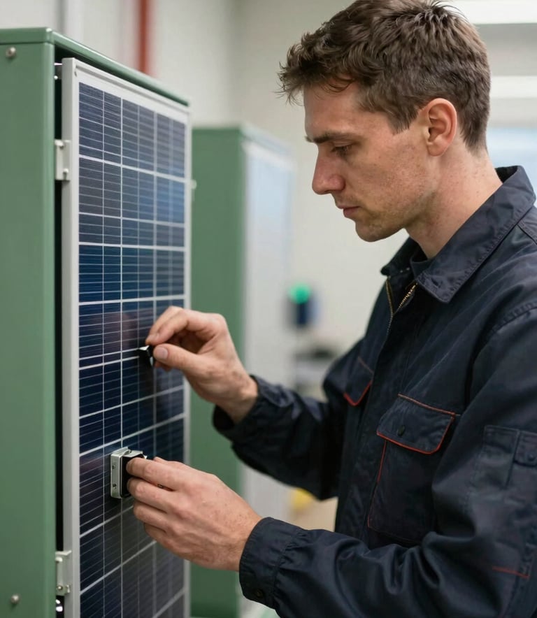 A professional technician in a Northern European / Baltic setting inspecting a solar inverter system. The lighting is clean and professional. The scene uses a palette of charcoal navy and muted forest green, emphasizing trustworthiness and technical expertise.