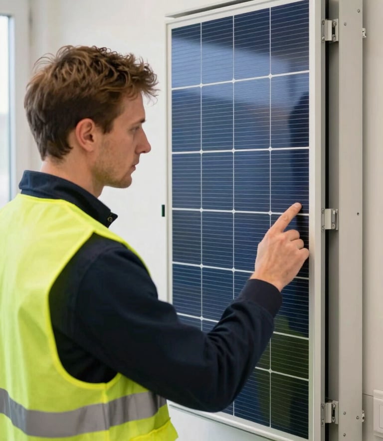 Professional photography of a technical expert in a Northern European / Baltic setting, wearing a safety vest and inspecting a high-tech solar energy inverter. The scene is bright and clean, featuring soft off-white and dark slate blue tones reflecting a professional, innovative atmosphere.