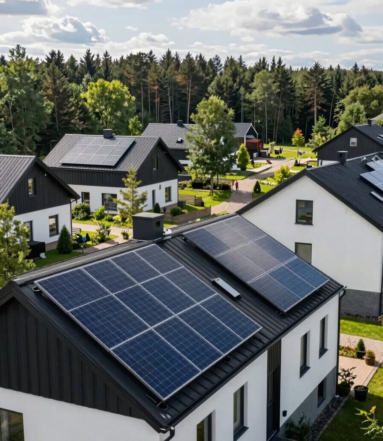 A wide photography shot of a modern residential house in a Northern European / Baltic suburb with sleek solar panels installed on the roof. Bright, natural daylight, reflecting a sustainable and innovative lifestyle with deep forest green surroundings.