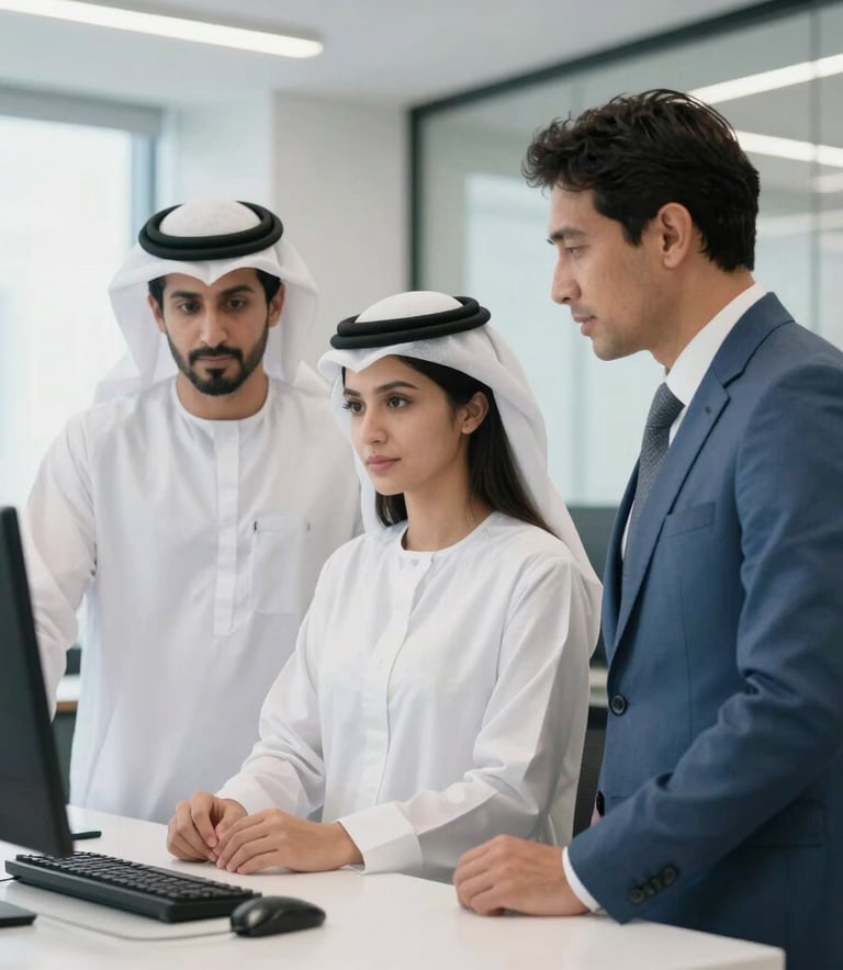 A medium shot of business professionals collaborating in a contemporary office setting in the UAE. The scene is bright and airy, using a palette of white and slate blue to communicate a professional atmosphere.