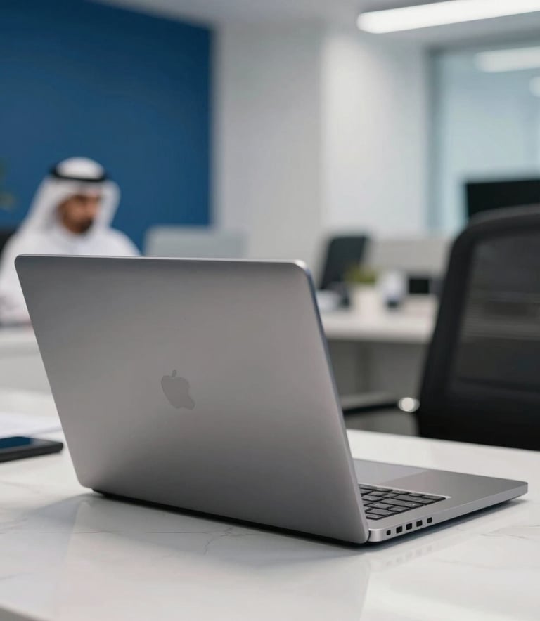 A close-up photograph of a high-end laptop on a white marble desk in a modern Middle Eastern / Gulf corporate office. The background is softly blurred with deep blue and white decor, creating a professional and trustworthy atmosphere.