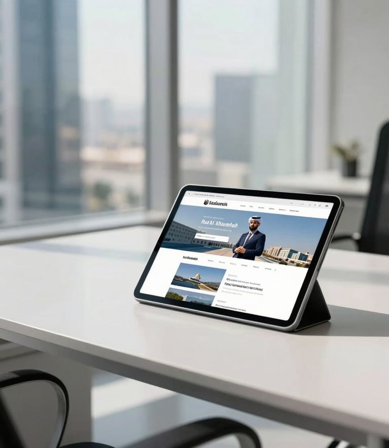 A high-end modern office desk in a Ras Al Khaimah corporate building with a sleek tablet showing a professional website layout, bright natural lighting, soft blue and white accents, Middle Eastern business district visible through windows.