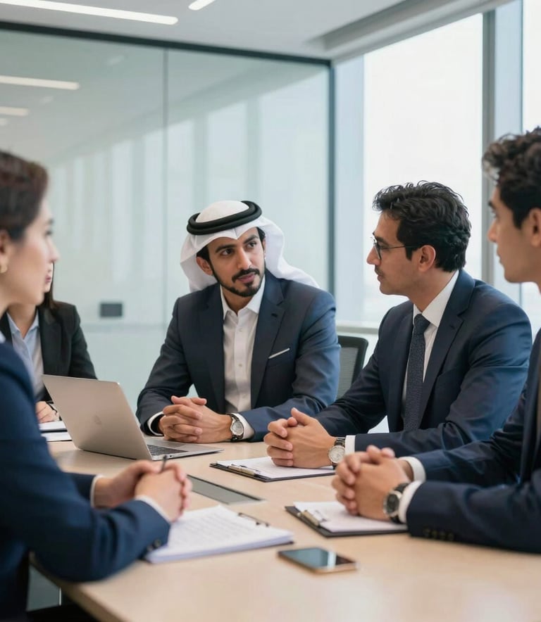 A group of professional colleagues in smart business attire having a discussion in a bright, modern Middle Eastern office boardroom, collaborative and professional atmosphere with blue color accents.
