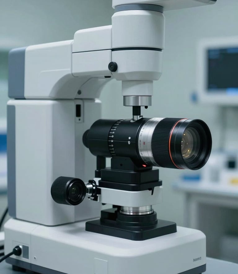 A close-up of modern, high-precision medical diagnostic equipment in a sterile clinic setting, lit with soft white and slate blue tones, North American medical office environment.