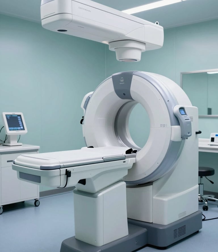 A high-tech North American diagnostic room featuring advanced medical imaging equipment with a sleek design. The lighting is clean and professional, with a color palette of light blue-grey and soft teal accents in a modern medical setting.
