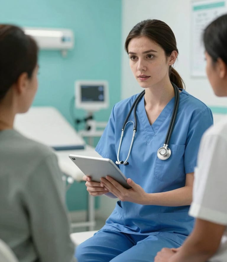 A compassionate healthcare provider in clinical attire holding a tablet during a patient consultation in a brightly lit, ocean teal accented room, North American medical setting.