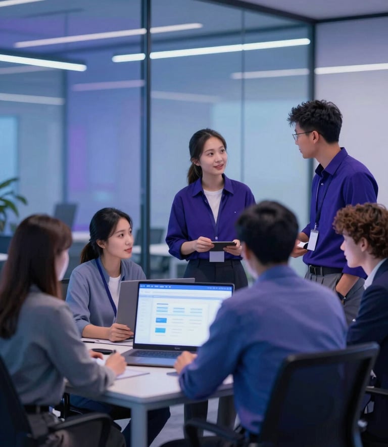 A professional team of digital consultants collaborating in a modern, glass-walled office space. The image has a cool blue and purple tint reflecting the brand colors #3C306D and #725DF0, with a clean, tech-focused atmosphere.