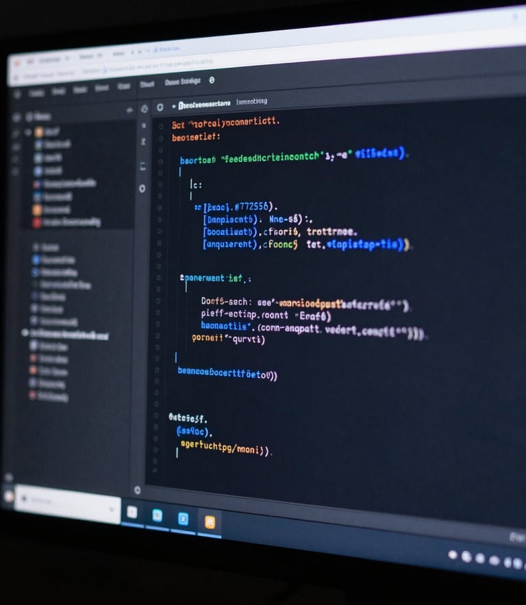A close-up of a high-tech computer screen displaying clean lines of software code and a user interface mockup. The lighting is low and moody, featuring sharp glows of #725DF0 and #3C306D against a dark #0E0C1F background, representing professional development expertise.