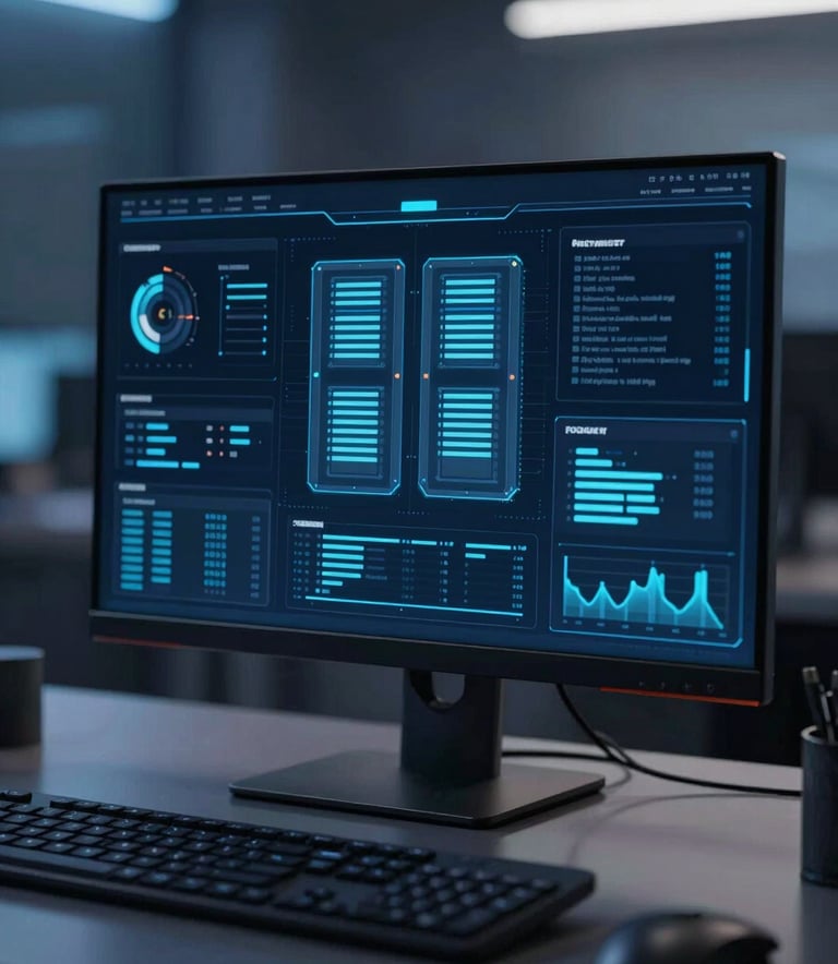 A sleek, high-tech digital dashboard displayed on a modern monitor, featuring glowing data visualizations and server metrics. The environment is a dark, professional workspace with ambient lighting in #3C306D and #725DF0 tones, emphasizing technical authority.