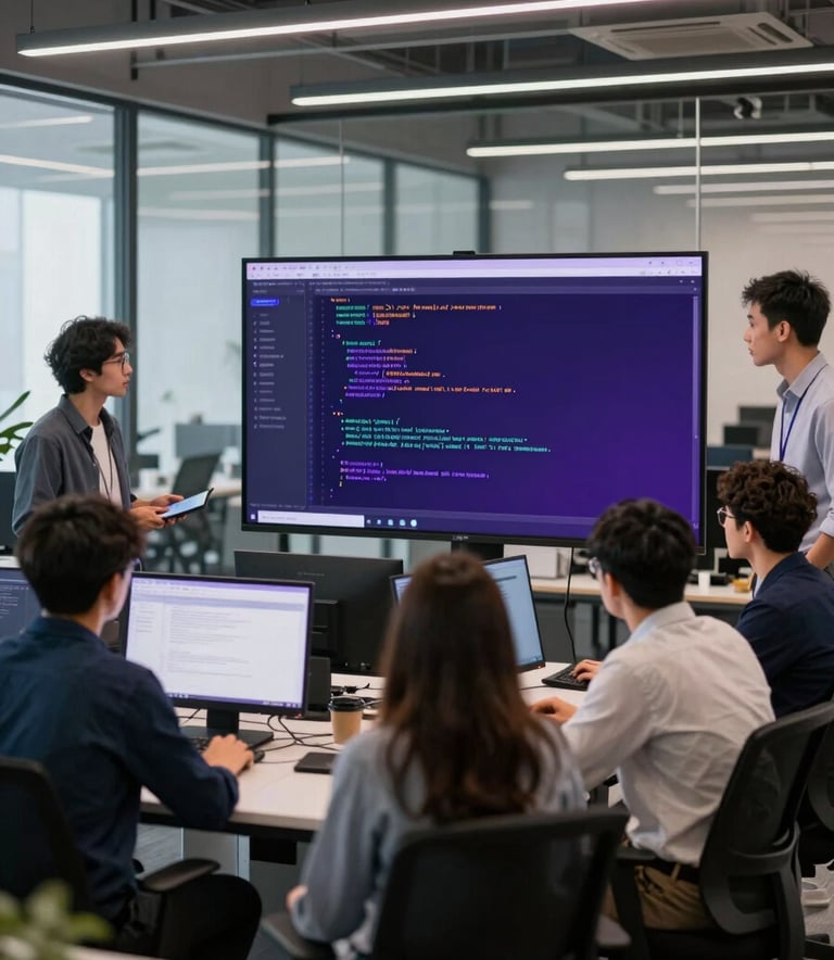 A collaborative team of software engineers working in a modern glass-walled office. They are gathered around a large screen showing clean code architecture. The lighting is crisp and modern, featuring the brand's sophisticated purple and dark blue color palette.