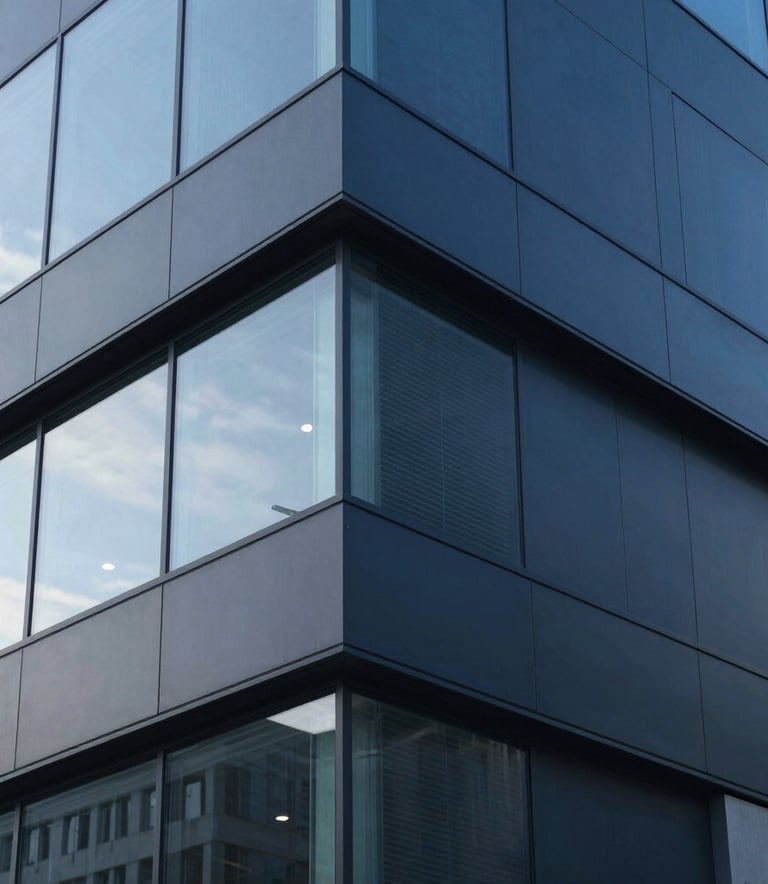 A detailed macro shot of modern industrial building materials, featuring glass and dark blue aluminum cladding. Sharp focus, clean textures, professional architectural style, North American urban setting.