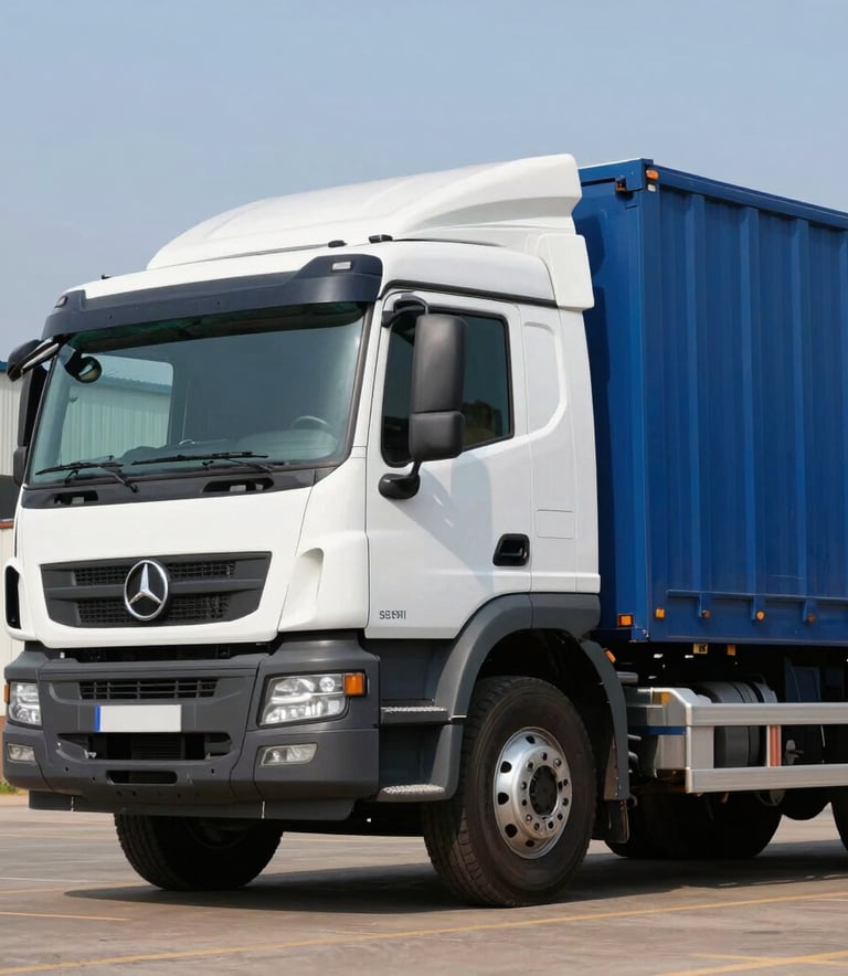 A professional low-angle photograph of a heavy-duty logistics truck with a clean white and deep blue finish, parked at an industrial site in Southern Africa. Sharp focus, bright daylight, corporate feel.