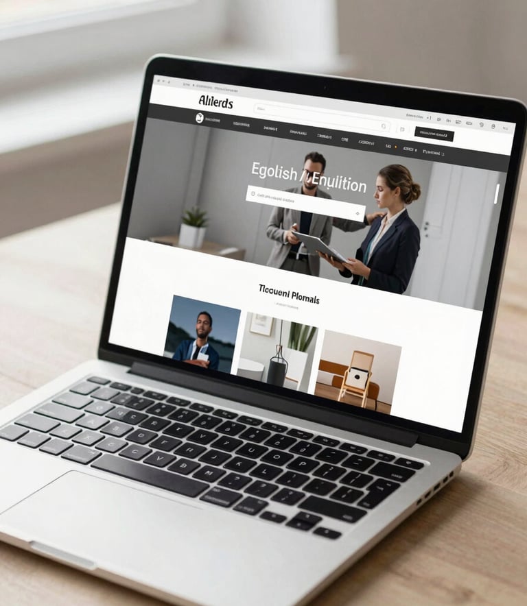 A close-up photograph of a sleek, modern laptop displaying a clean and professional website design, set in a bright, minimalist workspace with soft natural light, Global / English-speaking context.