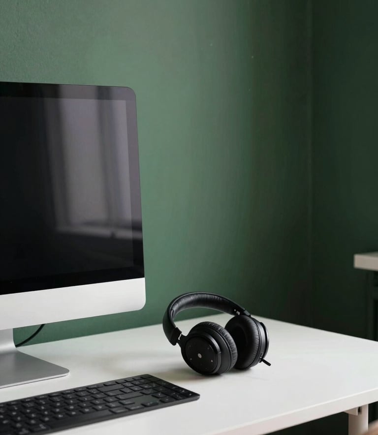 A sophisticated and minimalist home office corner. A dark green wall serves as a backdrop to a white desk holding a large monitor and professional headphones. The scene is calm and bright with natural light. Global / English-speaking setting.