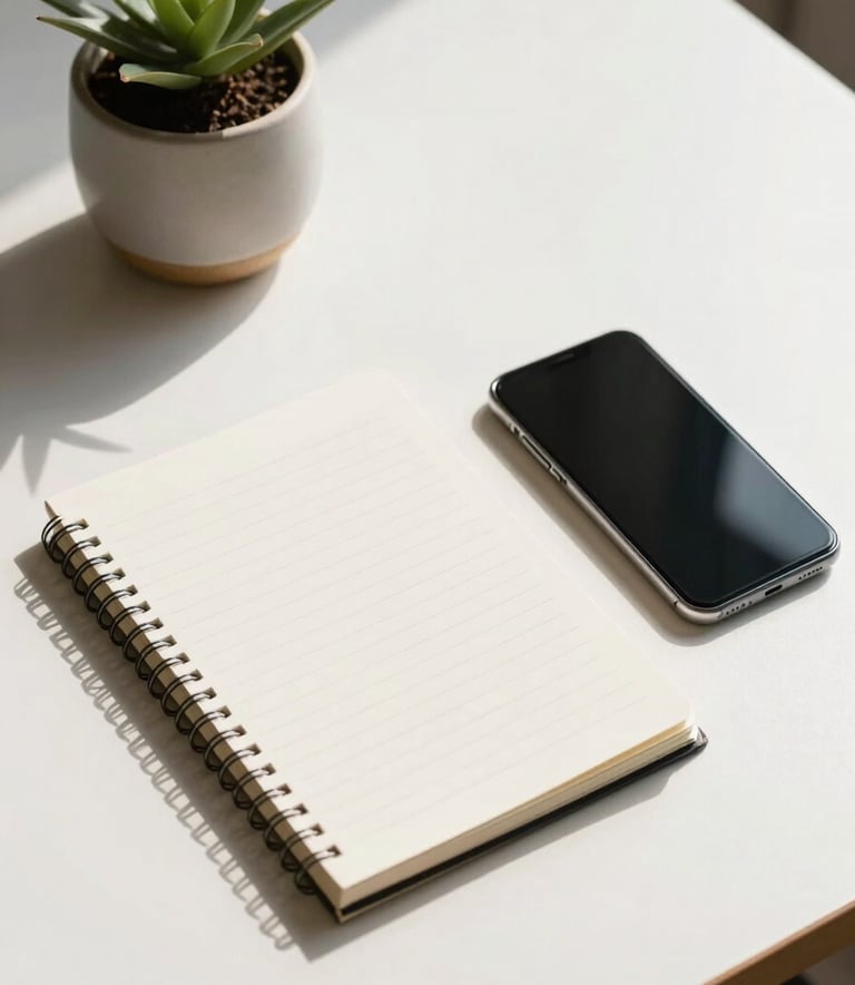 An overhead shot of a clean, minimalist desk with a notebook, a smartphone, and a small ceramic plant pot on a white surface, bright morning light, professional mood.