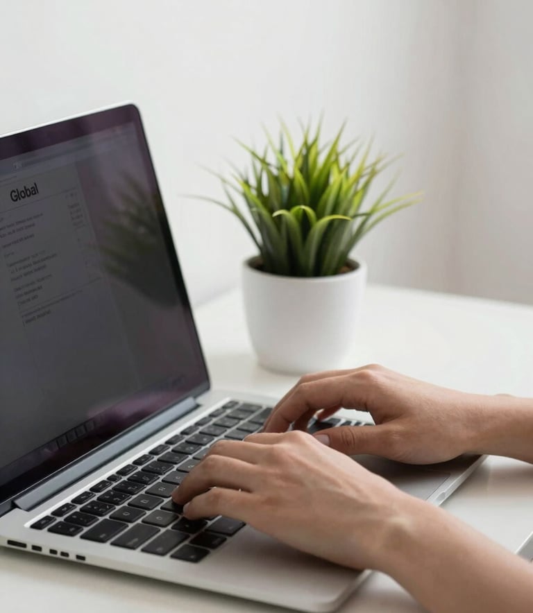 A close-up photograph of a person's hands typing on a sleek, high-end laptop. Beside the laptop is a small, modern desk plant in a white ceramic pot. The lighting is soft and professional, highlighting a clean, minimalist workspace in a Global / English-speaking office setting.
