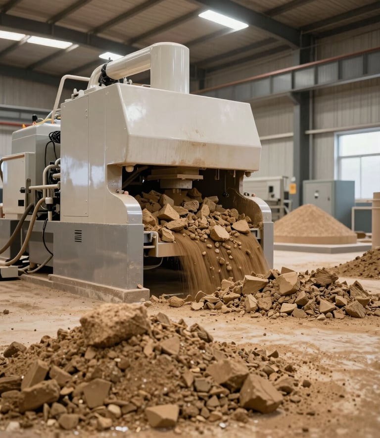 Interior of a clay material production facility showing modern machinery and raw materials in shades of tan and brown, clean and professional North American industrial environment.