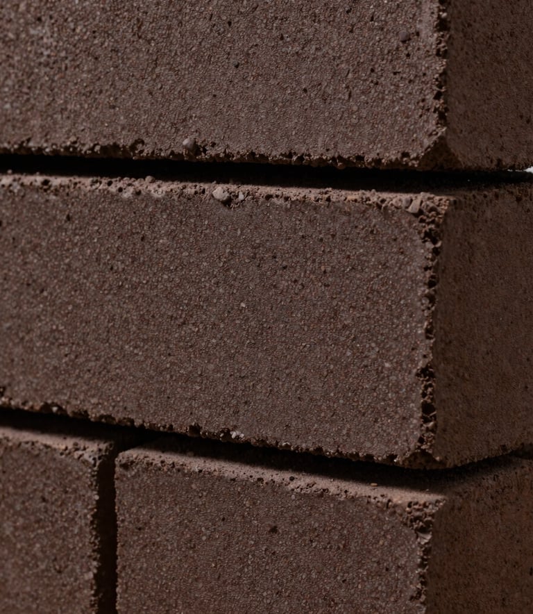 Close-up detail of premium dark brown clay bricks with a fine, granular texture. The image uses professional lighting to emphasize the material's durability and precision firing. North American architectural style.