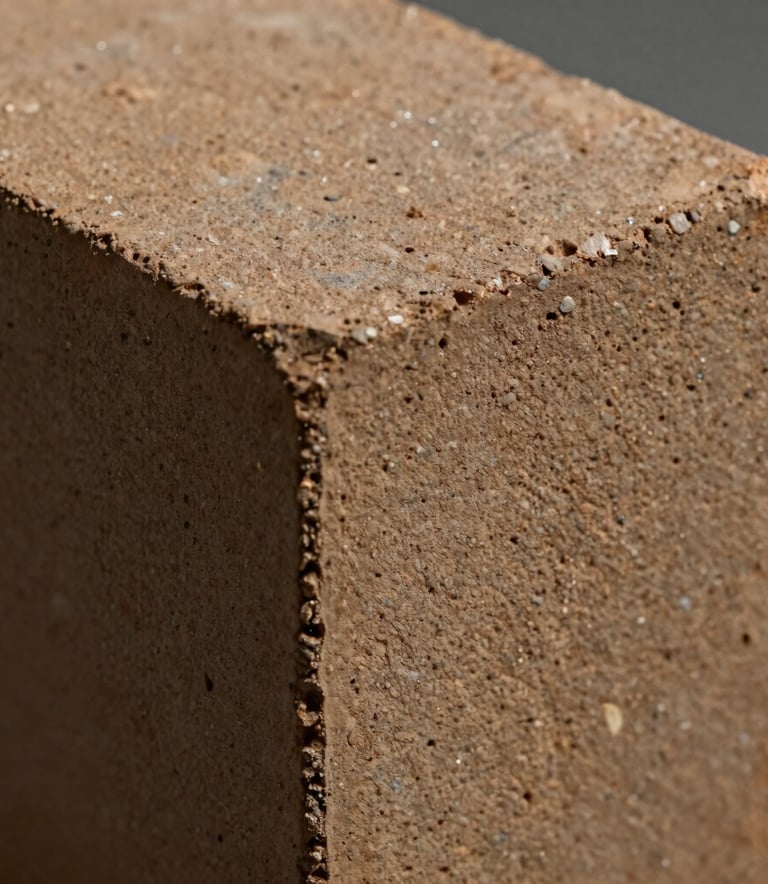 Macro photograph of the textured surface of a fired clay brick, showing fine details of the natural minerals and muted bronze hues, sharp focus, professional industrial photography.