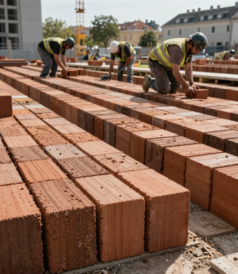 A construction site in a European city where professional builders are laying rows of traditional walnut brown clay bricks for a large-scale infrastructure project, bright daylight.
