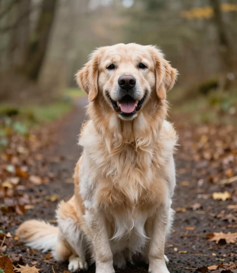Candid shot of a happy golden retriever sitting on a leafy trail in Portland, soft overcast daylight, shallow depth of field, 35mm