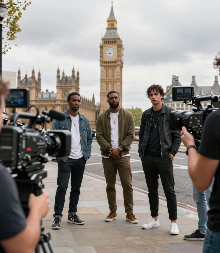A Northern European director and crew working on a sleek, modern commercial set. High-end lighting equipment and a large camera rig are visible. The scene is bright and highlights dynamic cinematic storytelling.