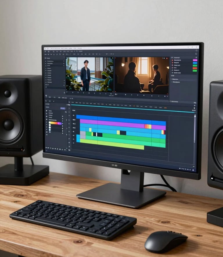 A sophisticated video editing suite in a modern Northern European office. A large high-resolution monitor displays a cinematic timeline with professional color grading software. Soft ambient lighting in dark navy and off-white creates a focused atmosphere. High-end studio monitors and a sleek keyboard sit on a wooden desk.