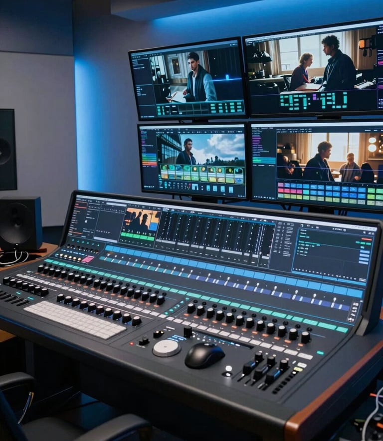 A sophisticated, high-end video editing suite in a modern London studio. Multiple screens display cinematic footage, with professional soundboards and backlighting in soft light blue and navy tones. The atmosphere is professional and innovative.