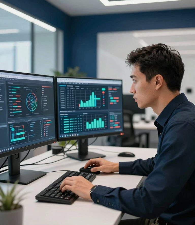 A focused professional in an International / Professional office setting analyzing digital infrastructure data on a dual-monitor setup. The room is modern with Navy Blue accents and clean Cool White lighting, reflecting a high-tech engineering environment.