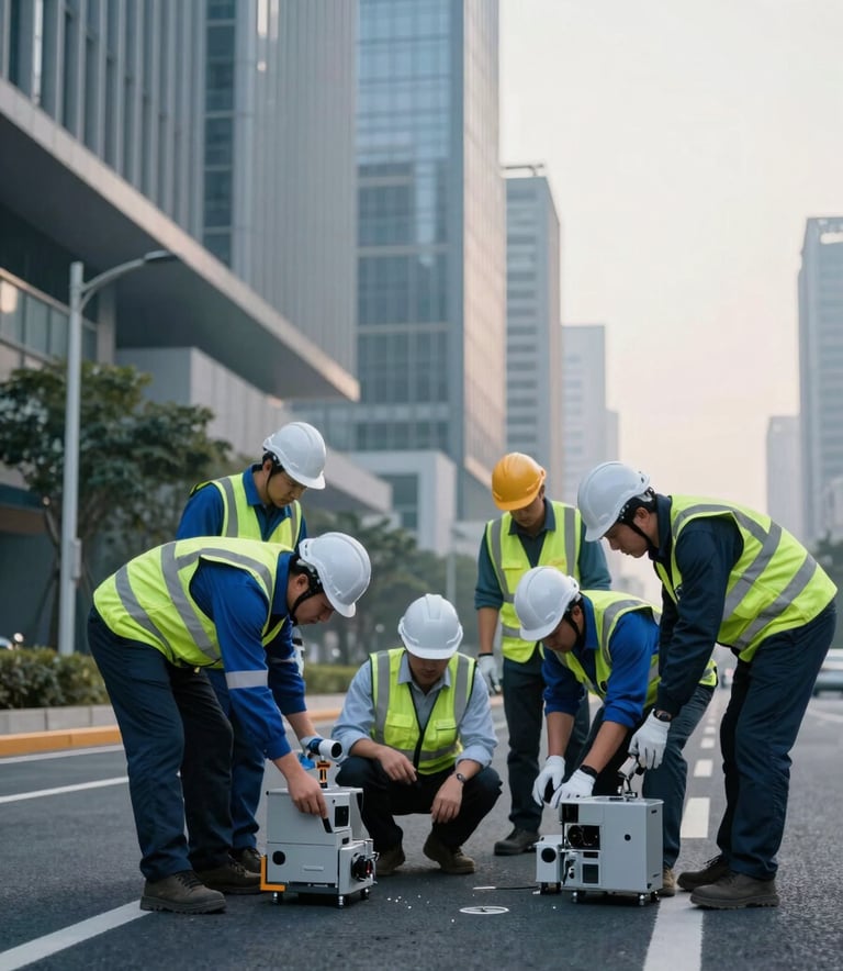 A group of engineers in International / Professional safety attire conducting a pavement analysis on a modern city road. They are using advanced technical equipment. The scene features Steel Blue and Soft Blue-Grey tones in the early morning light.