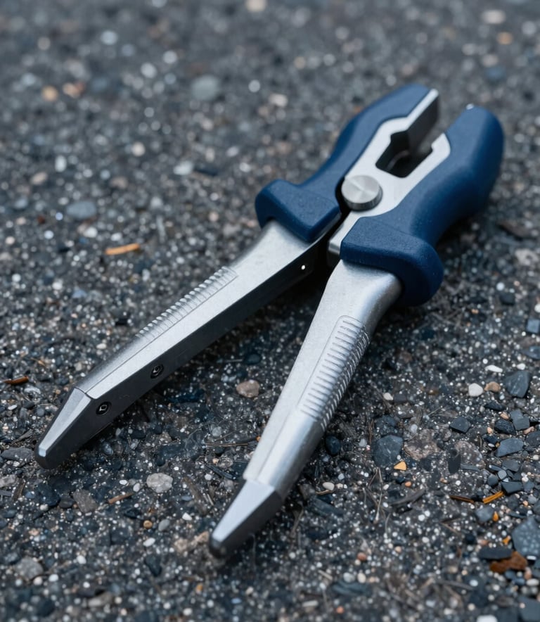 A close-up photograph of a professional engineering tool resting on a pavement surface in an International / Professional environment, capturing fine asphalt textures and the technical precision of metallic instruments in soft daylight with Dark Navy and Soft Blue-Grey accents.