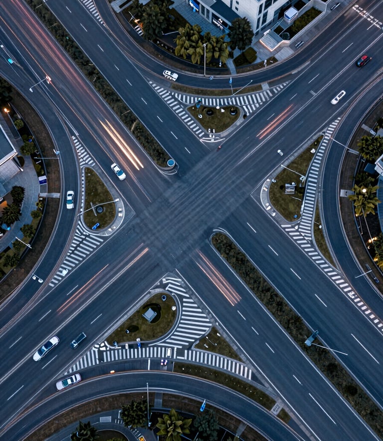 A high-angle aerial photograph of a complex road intersection in a modern International / Professional city, showing precise lane markings and infrastructure flow, captured with a professional focus and Steel Blue car light trails at twilight.